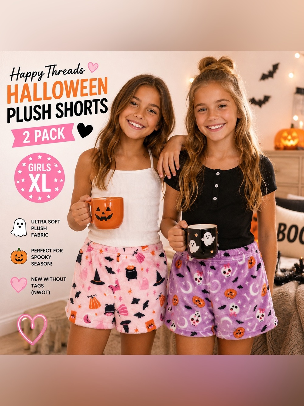 Happy Threads Girls XL Halloween Plush Pajama Shorts 2 Pair NWOT